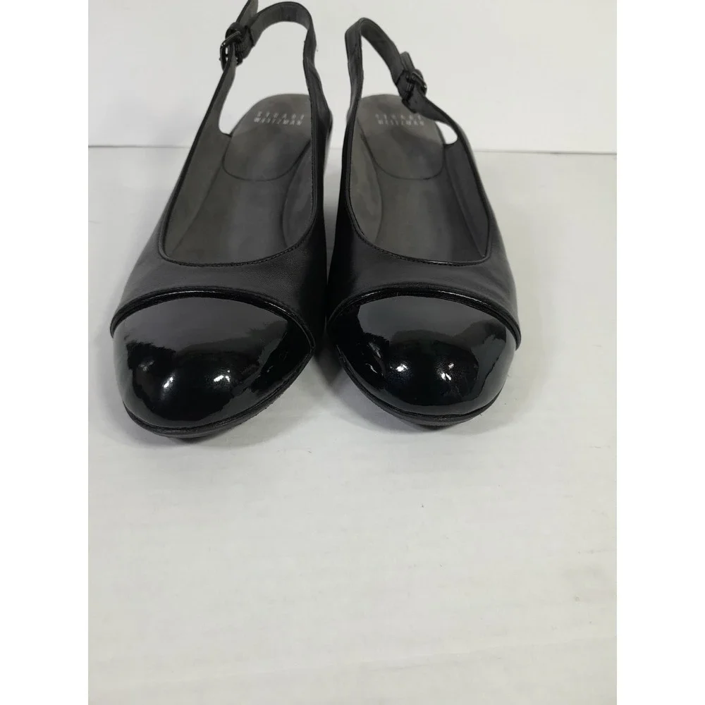 Stuart Weitzman Wedge Heel sz 8 N Women Cap Toe Shoe Black Leather Slingback